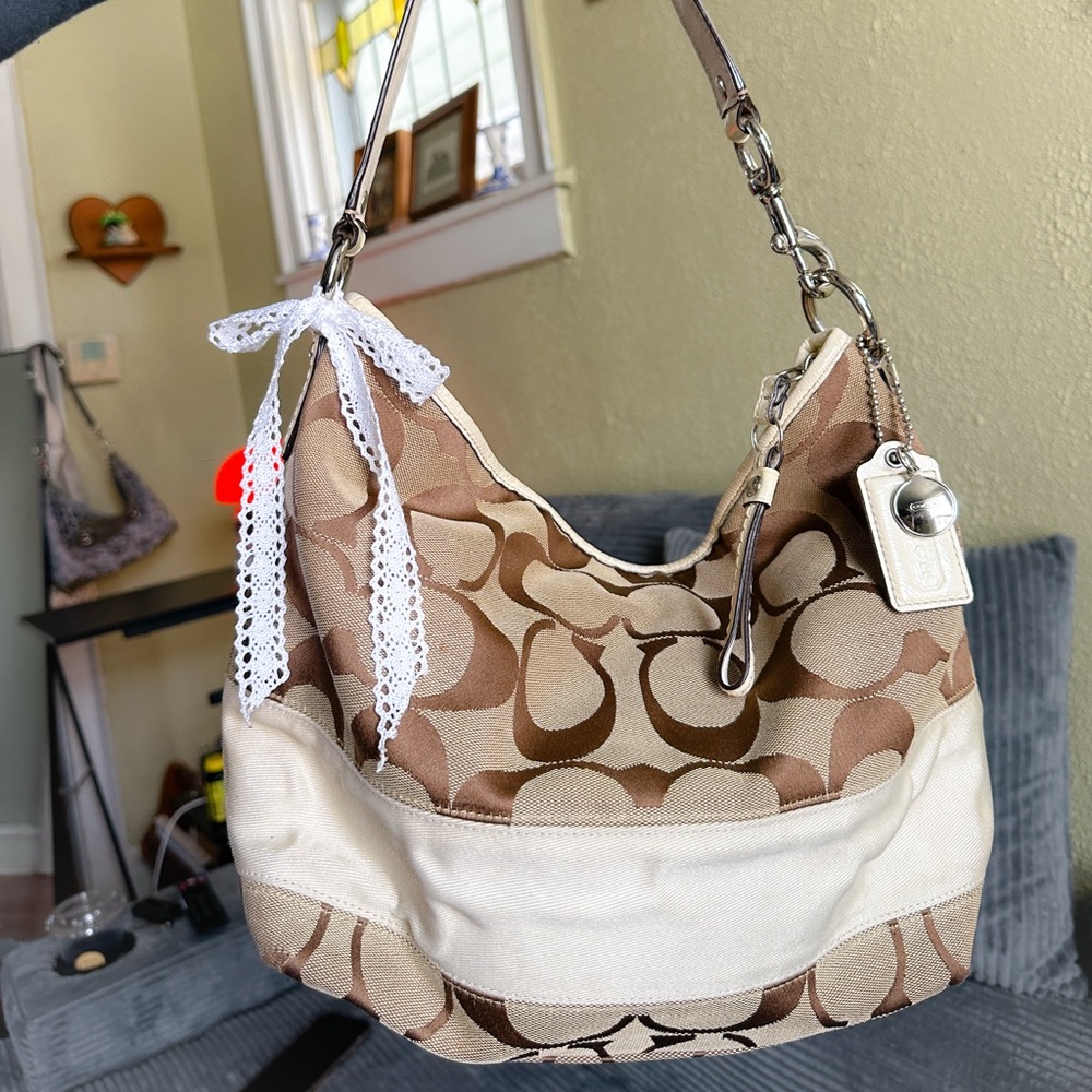 Coach Tan and Cream Signature Shoulder Bag
